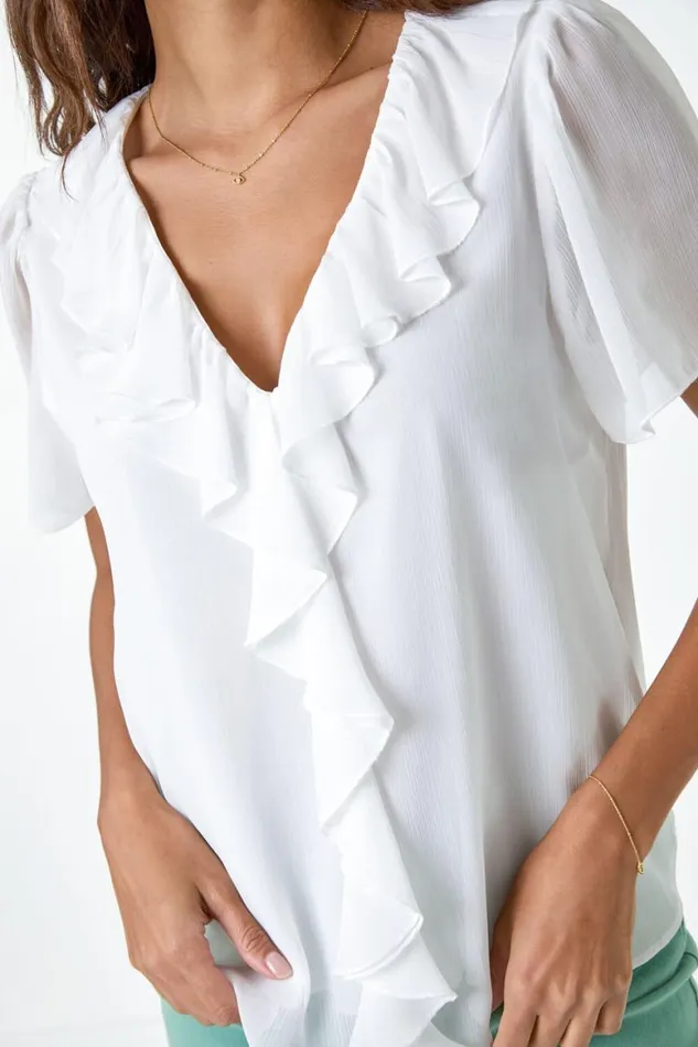 Women Ivory Crinkle Textured VNeck Frill Detail Top Roman Tops