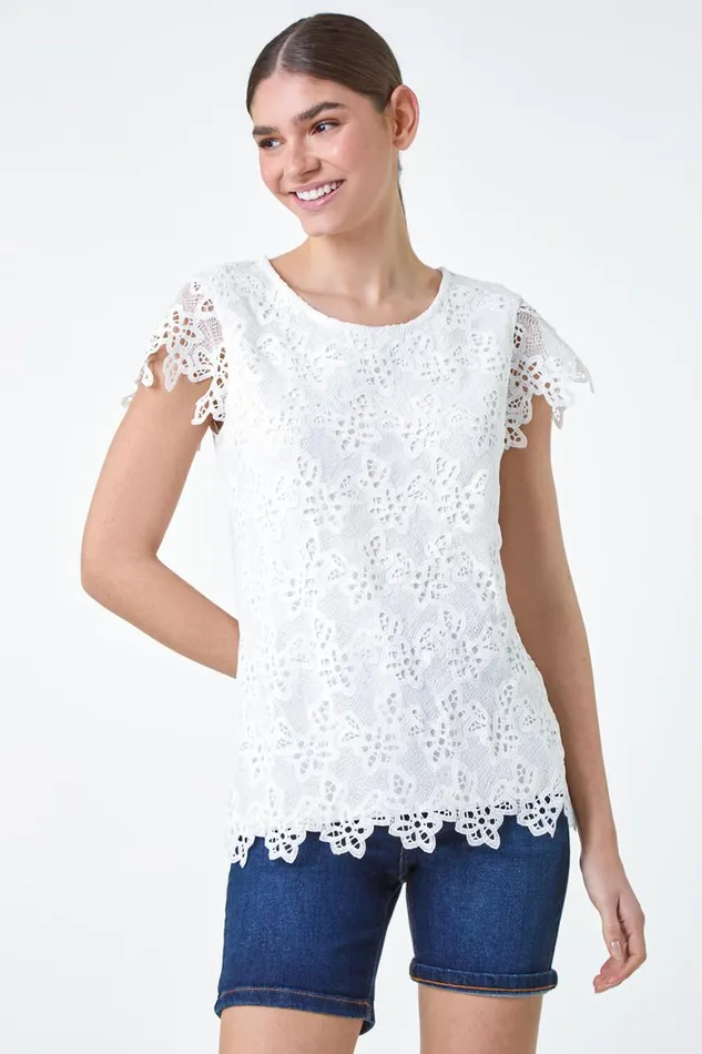 Women Ivory Floral Lace Sleeveless Top Roman Tops
