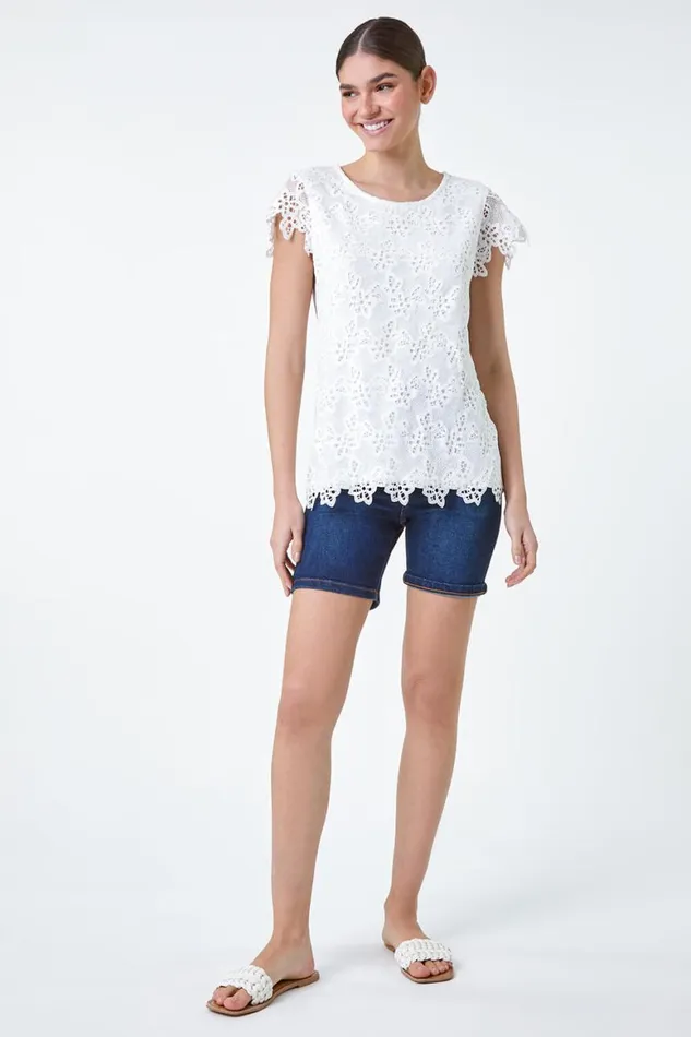 Women Ivory Floral Lace Sleeveless Top Roman Tops