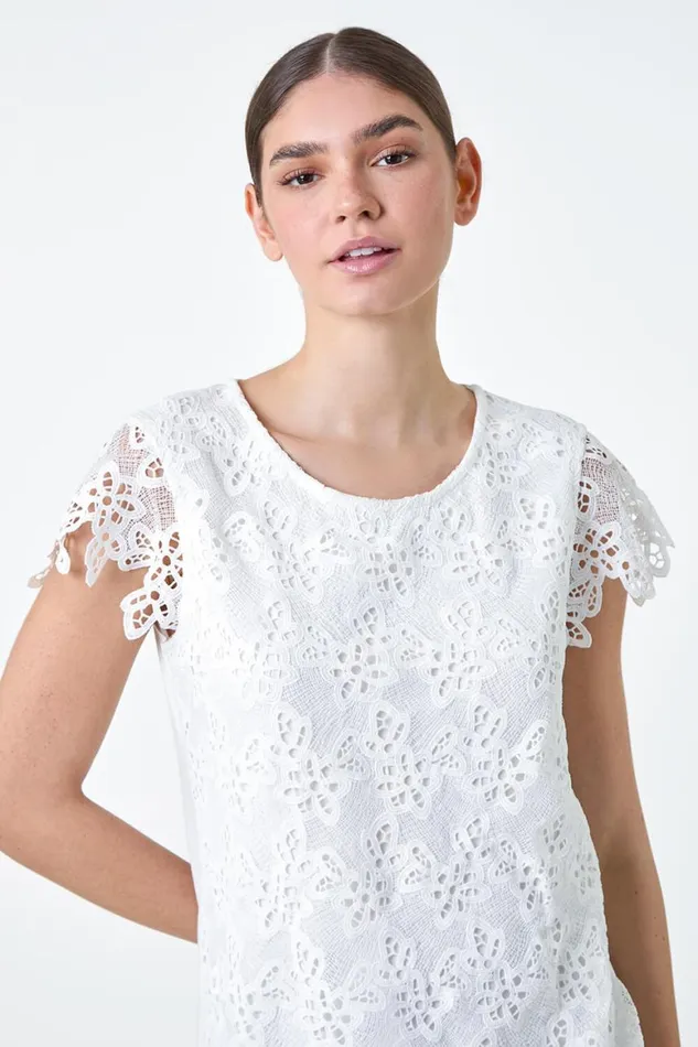 Women Ivory Floral Lace Sleeveless Top Roman Tops