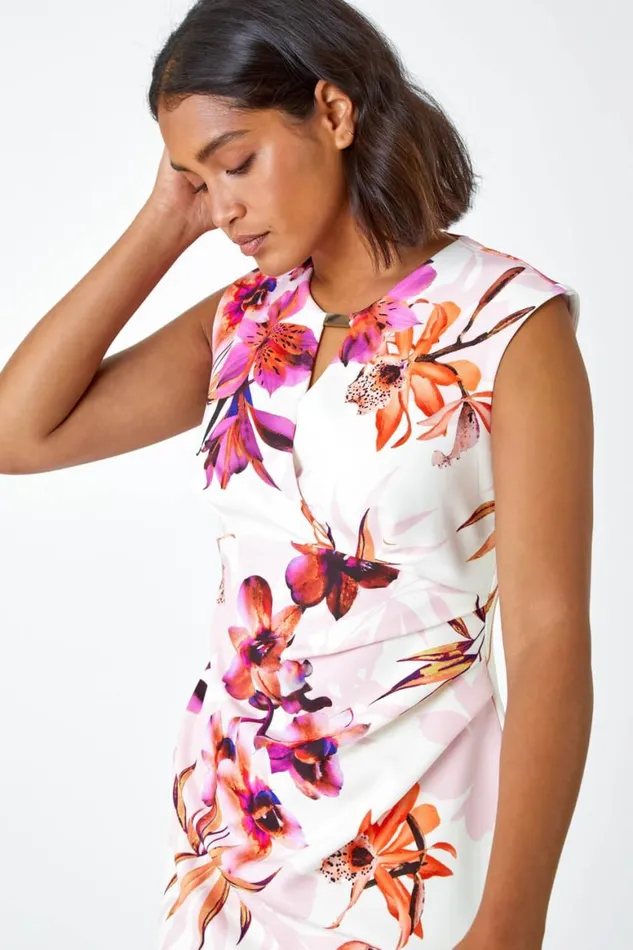Women Ivory Floral Print Ruched Shift Bodycon Wrap Dress Roman Dresses