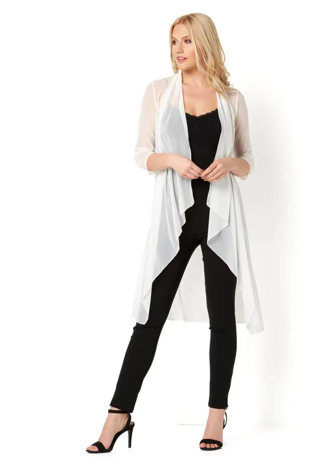 Women Ivory Mesh Longline Kimono Jacket Roman Tops