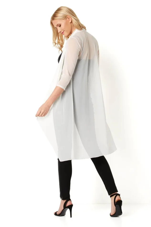 Women Ivory Mesh Longline Kimono Jacket Roman Tops