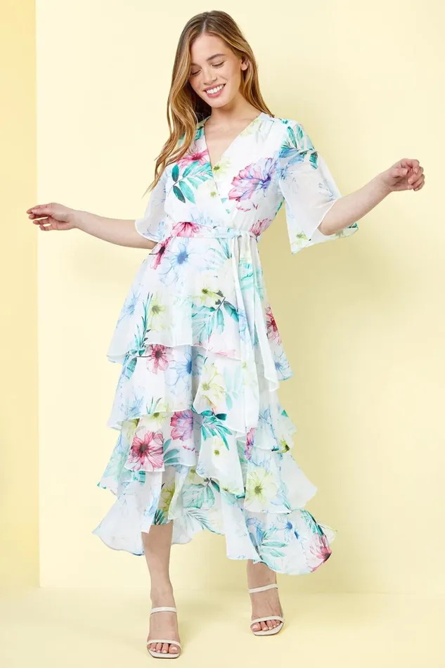 Women Ivory Petite Floral Print Chiffon Tiered Dress Roman Dresses