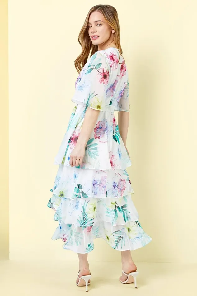 Women Ivory Petite Floral Print Chiffon Tiered Dress Roman Dresses