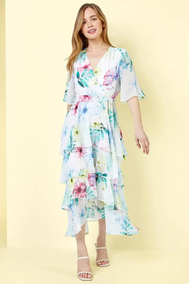 Women Ivory Petite Floral Print Chiffon Tiered Dress Roman Dresses