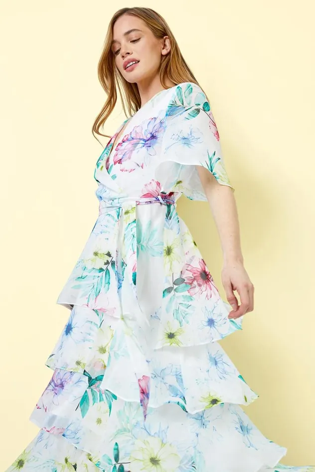 Women Ivory Petite Floral Print Chiffon Tiered Dress Roman Dresses