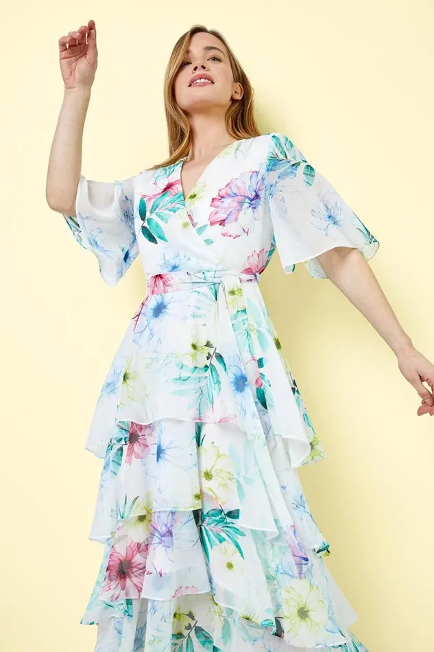 Women Ivory Petite Floral Print Chiffon Tiered Dress Roman Dresses