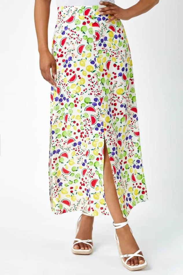 Women Ivory Petite Fruit Button Stretch Skirt Roman Skirts