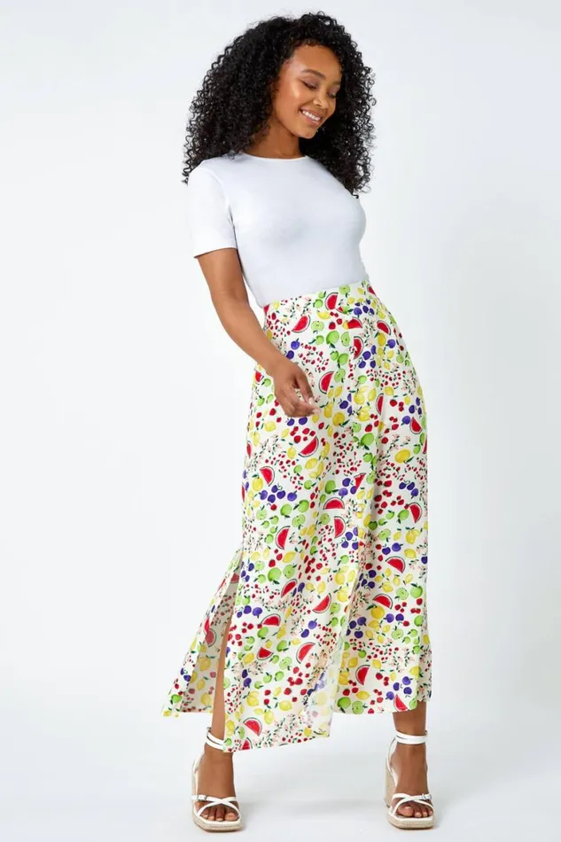 Women Ivory Petite Fruit Button Stretch Skirt Roman Skirts