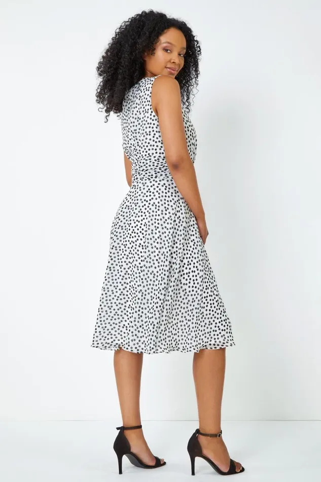 Women Ivory Petite Sleeveless Polka Dot Buckle Dress Roman Dresses