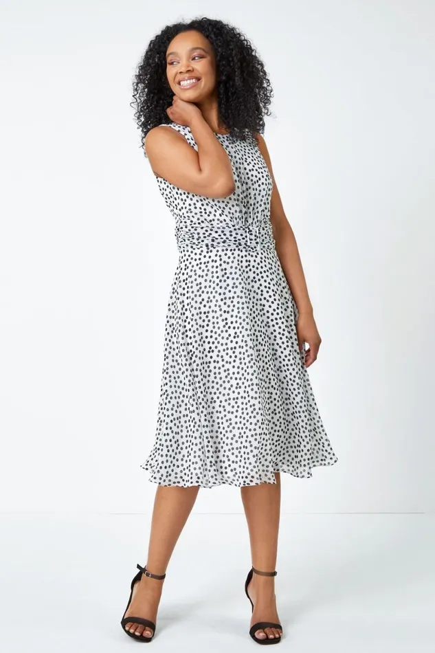 Women Ivory Petite Sleeveless Polka Dot Buckle Dress Roman Dresses