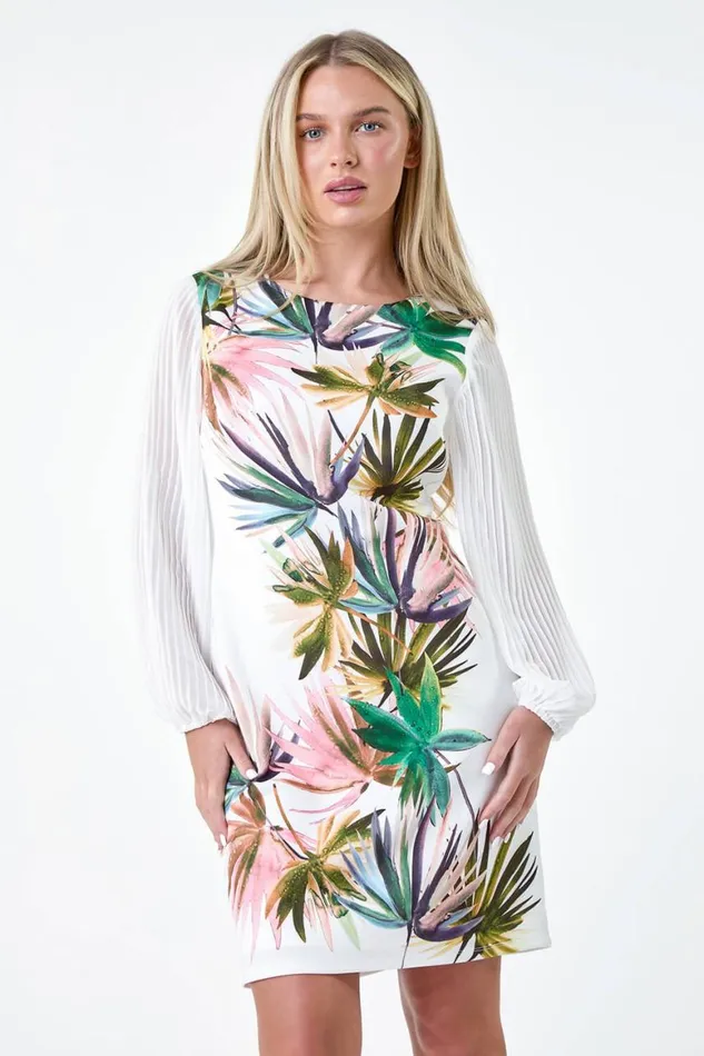 Women Ivory Petite Tropical Pleat Sleeve Shift Dress Roman Dresses