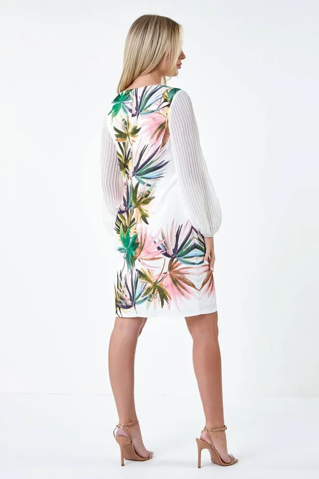 Women Ivory Petite Tropical Pleat Sleeve Shift Dress Roman Dresses