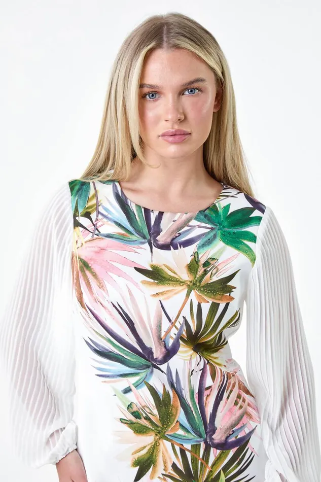 Women Ivory Petite Tropical Pleat Sleeve Shift Dress Roman Dresses