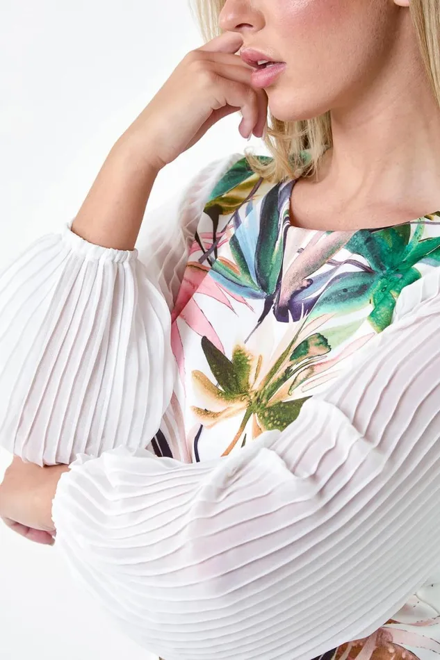 Women Ivory Petite Tropical Pleat Sleeve Shift Dress Roman Dresses