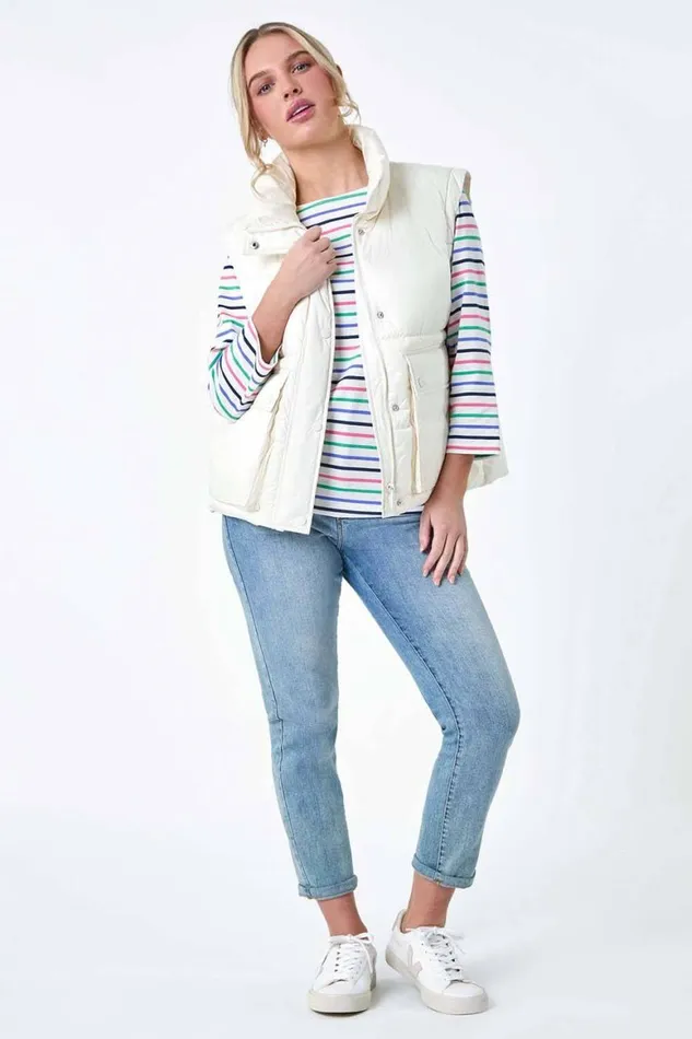 Women Ivory Pocket Detail Quilted Gilet Roman Coats