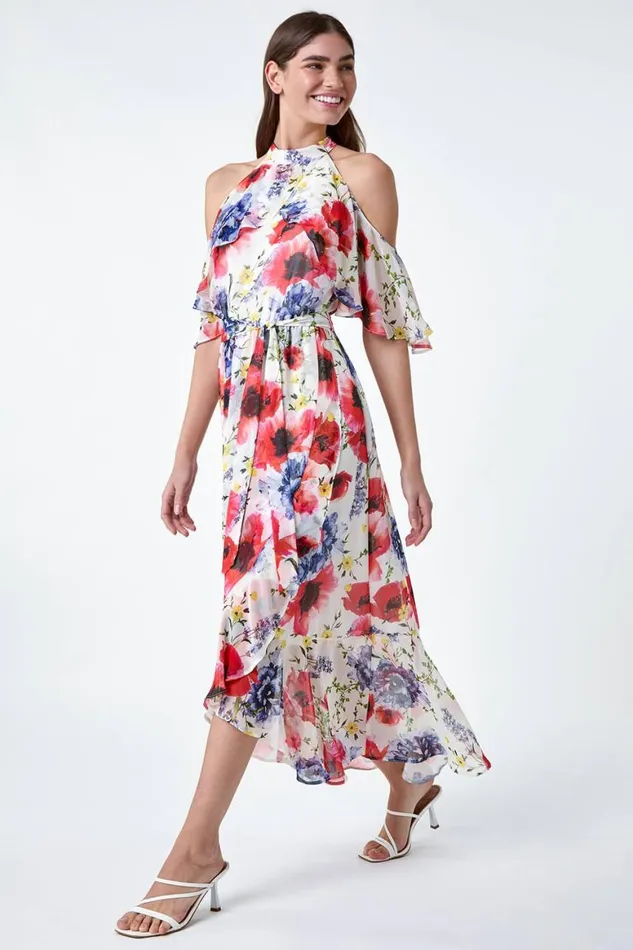 Women Ivory Poppy Floral Frill Halterneck Dress Roman Dresses