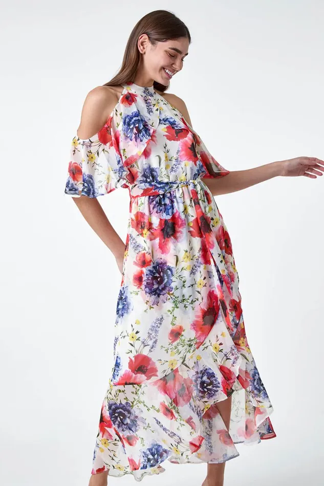 Women Ivory Poppy Floral Frill Halterneck Dress Roman Dresses
