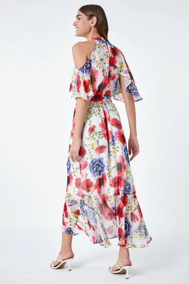 Women Ivory Poppy Floral Frill Halterneck Dress Roman Dresses