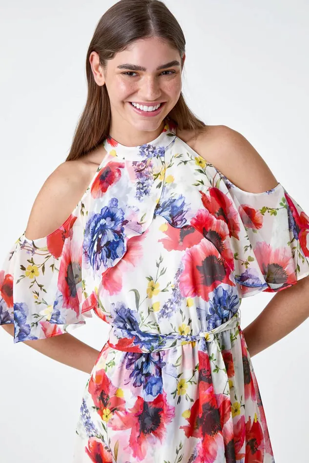 Women Ivory Poppy Floral Frill Halterneck Dress Roman Dresses