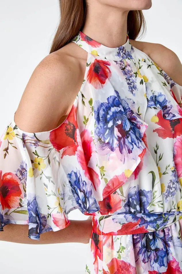 Women Ivory Poppy Floral Frill Halterneck Dress Roman Dresses