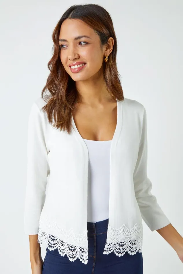 Women Ivory Scalloped Lace Trim Knitted Shrug Roman Knitwear