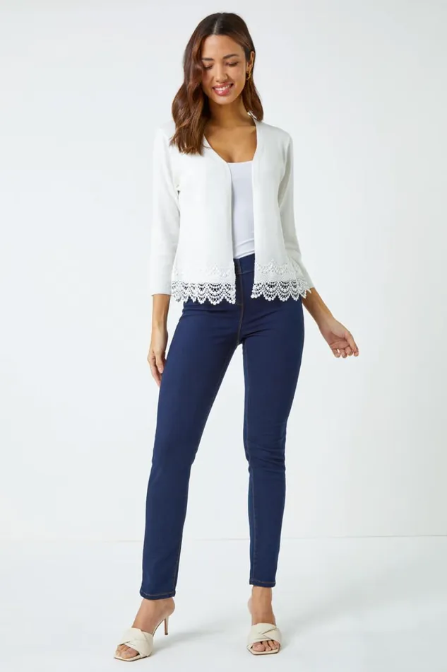 Women Ivory Scalloped Lace Trim Knitted Shrug Roman Knitwear