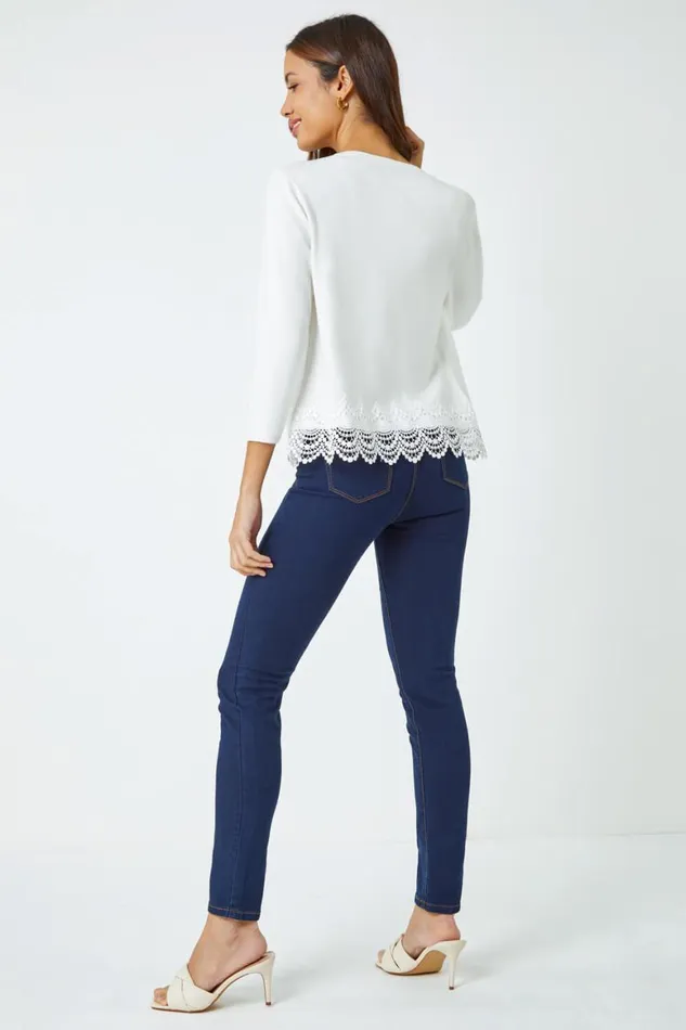 Women Ivory Scalloped Lace Trim Knitted Shrug Roman Knitwear