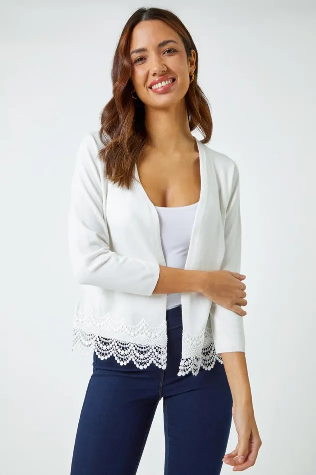 Women Ivory Scalloped Lace Trim Knitted Shrug Roman Knitwear
