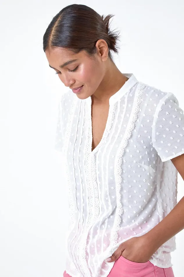 Women Ivory Textured Spot Lace Trim Top Roman Tops