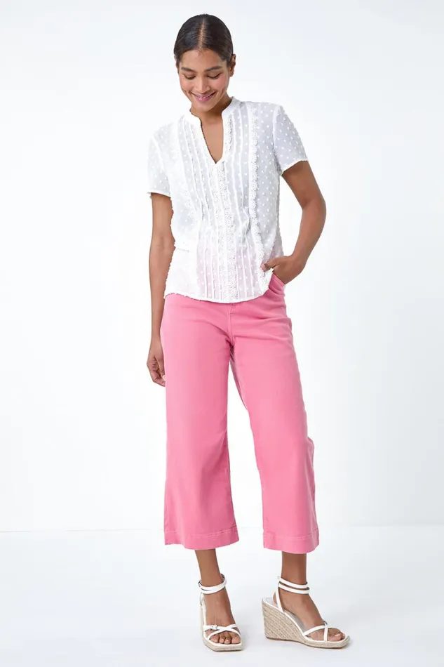 Women Ivory Textured Spot Lace Trim Top Roman Tops