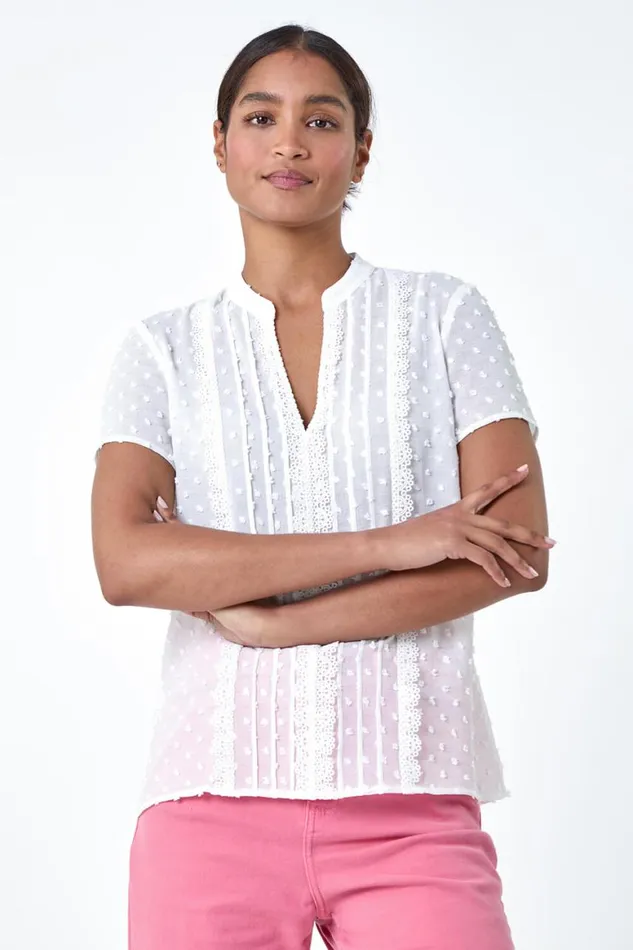 Women Ivory Textured Spot Lace Trim Top Roman Tops