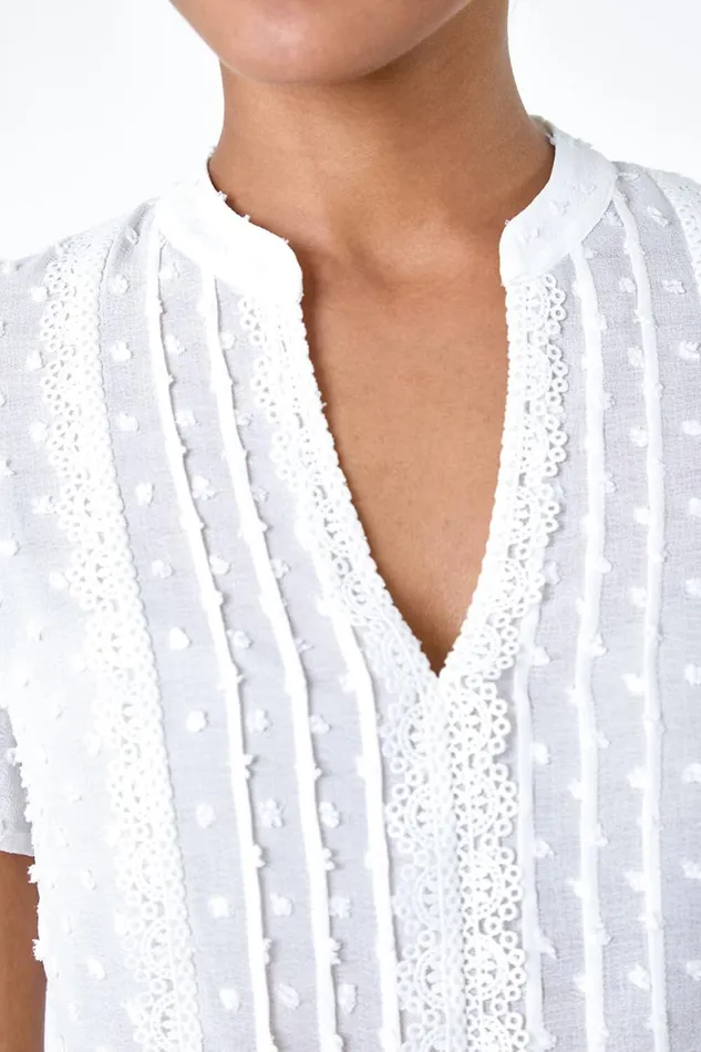 Women Ivory Textured Spot Lace Trim Top Roman Tops