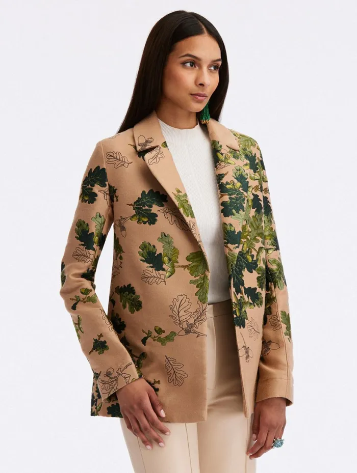 Women Jackets and Coats Oscar De La Renta Acorn Jacquard Coat Greencamel