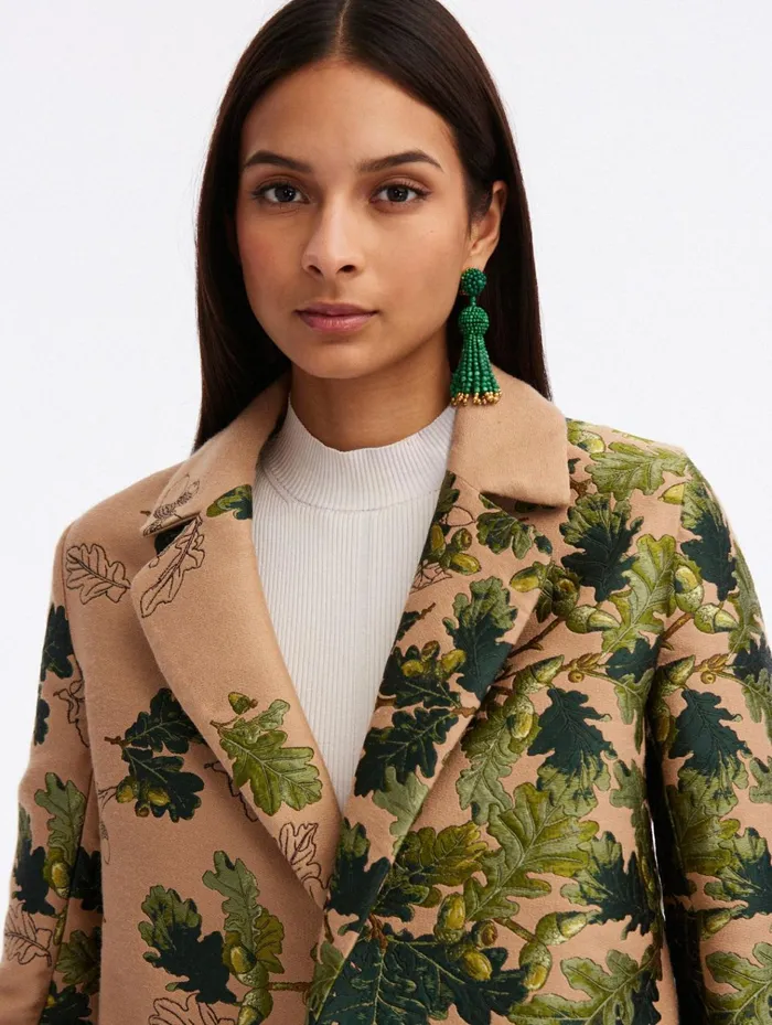 Women Jackets and Coats Oscar De La Renta Acorn Jacquard Coat Greencamel Women Jackets and Coats Oscar De La Renta Acorn Jacquard Coat Greencamel