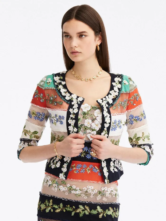 Women Jackets and Coats Oscar De La Renta Botanical Stripe Threadwork Jacket Multi