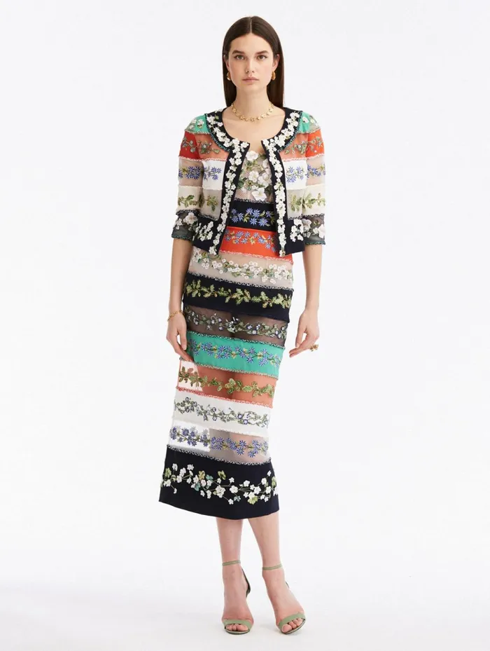 Women Jackets and Coats Oscar De La Renta Botanical Stripe Threadwork Jacket Multi Women Jackets and Coats Oscar De La Renta Botanical Stripe Threadwork Jacket Multi