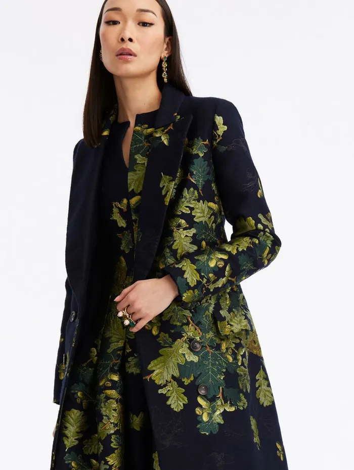 Women Jackets and Coats Oscar De La Renta Double Breasted Acorn Jacquard Coat Greennavy Women Jackets and Coats Oscar De La Renta Double Breasted Acorn Jacquard Coat Greennavy