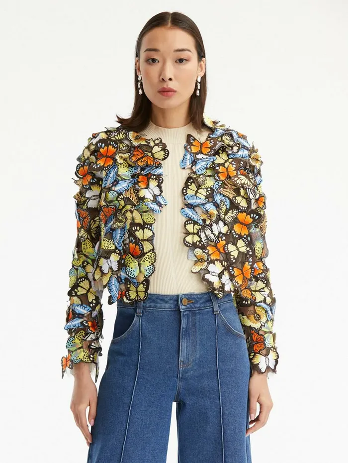 Women Jackets and Coats Oscar De La Renta Threadwork Butterfly Embroidered Jacket Multi