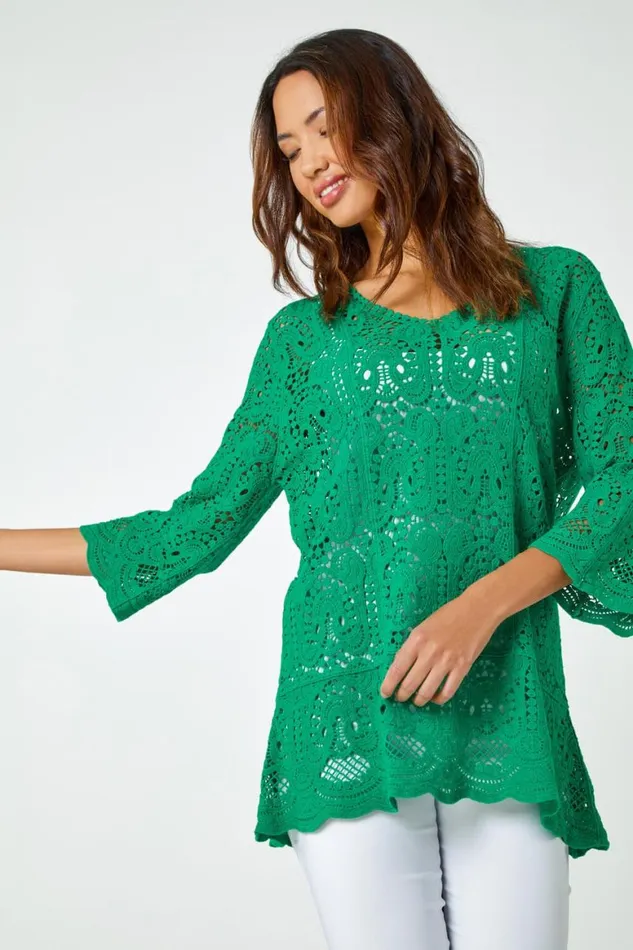 Women Jade Cotton Crochet Tunic Top Roman Tops