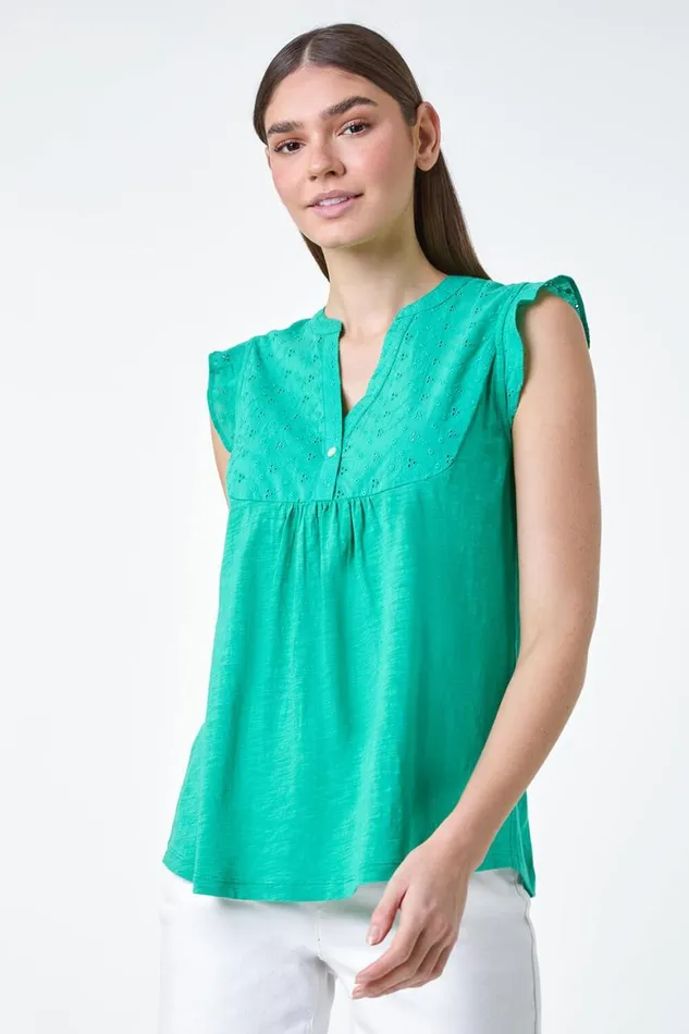 Women Jade Embroidered Frill Cotton Blend VNeck Vest Top Roman Tops