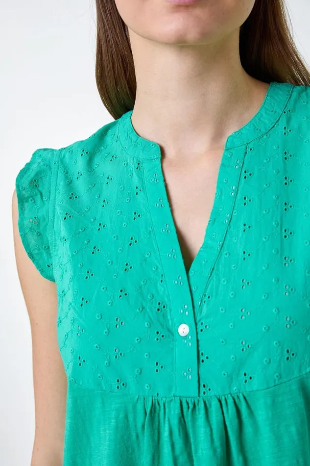 Women Jade Embroidered Frill Cotton Blend VNeck Vest Top Roman Tops