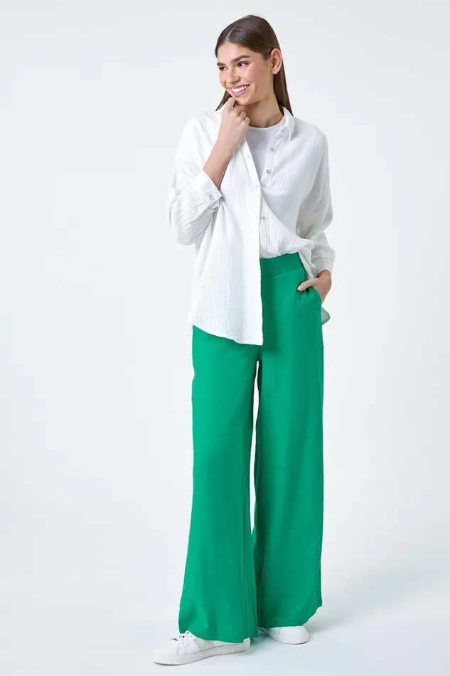 Women Jade Linen Blend Elastic Waist Wide Leg Trousers Roman Trousers