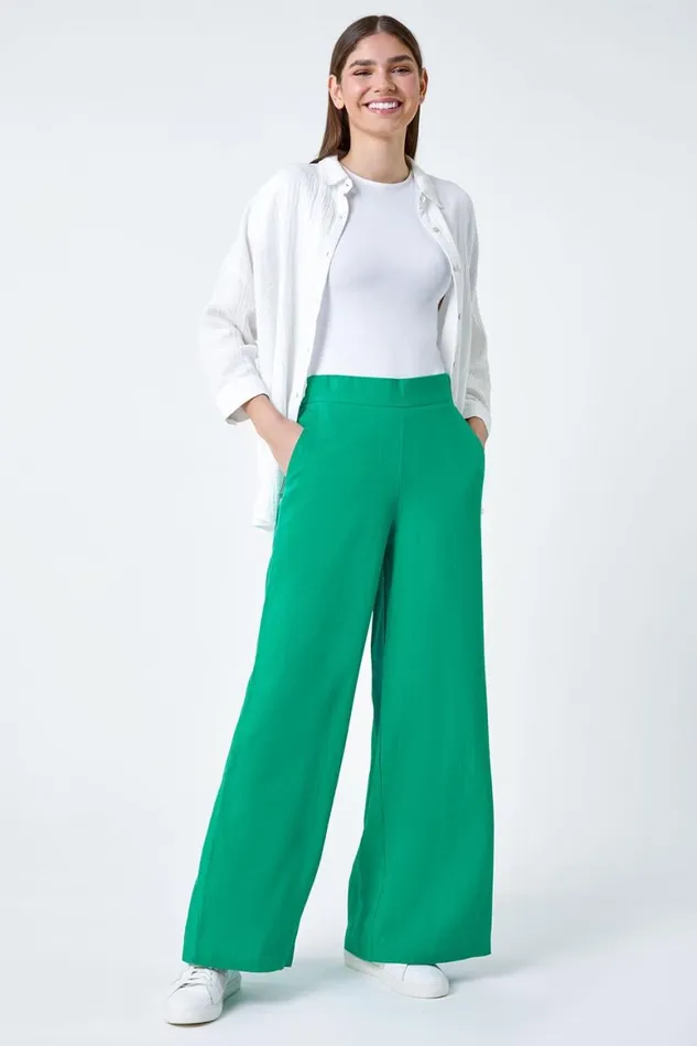 Women Jade Linen Blend Elastic Waist Wide Leg Trousers Roman Trousers