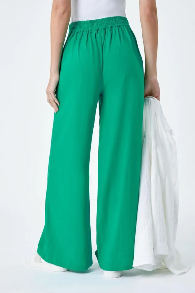 Women Jade Linen Blend Elastic Waist Wide Leg Trousers Roman Trousers