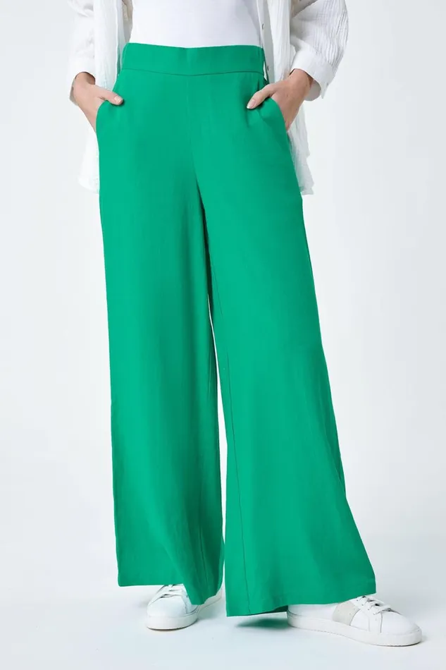 Women Jade Linen Blend Elastic Waist Wide Leg Trousers Roman Trousers