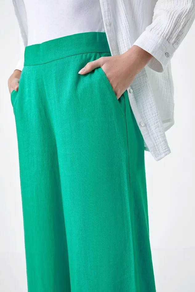 Women Jade Linen Blend Elastic Waist Wide Leg Trousers Roman Trousers