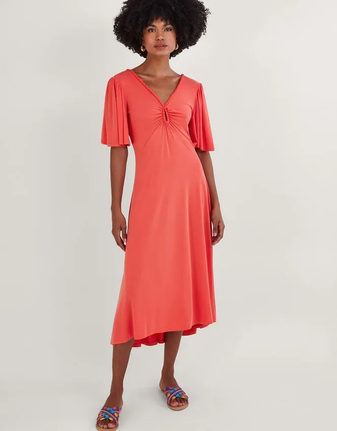 Women Jersey PomPom Trim Keyhole Detail Dress Pink Monsoon Occasionwear