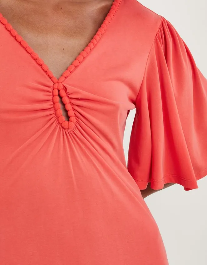 Women Jersey PomPom Trim Keyhole Detail Dress Pink Monsoon Occasionwear